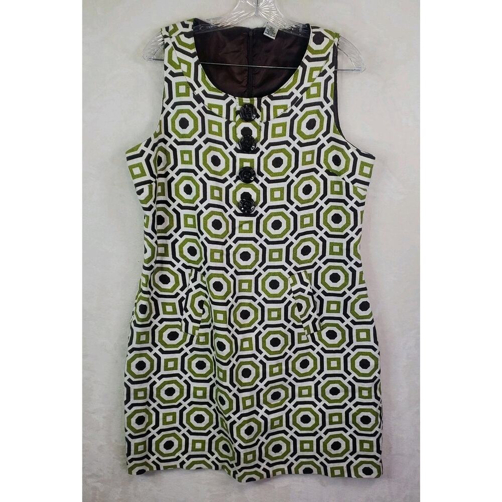 Vtg Richard Malcolm Green Brown Linen Sheath Dress Geometric Lined Pockets Sz 14